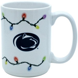 white mug with holiday string lights and Penn State Athletic Logo